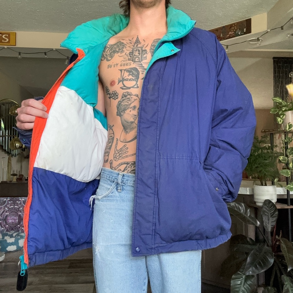 90’s Field & Stream Men's Blue and Teal Down Puffer Jacket